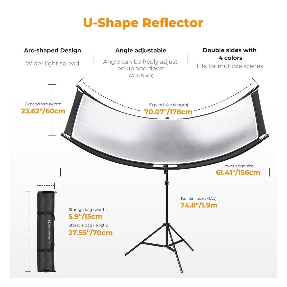 K&F Concept U Shape Reflector 4 in 1‎ 70x23.6in w 1.9m Stand - Picture 7 of 12